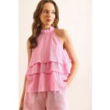 Olalook Kadın Pembe Halter Yaka Kat Kat Bluz BLZ-19003040