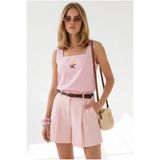Olalook Kadın Pembe Kare Yaka Nakışlı Keten Bluz BLZ-19003411
