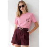Olalook Kadın Pembe Nakış Cepli Regular Fit Pamuk Tişört TSH-19000994