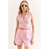 Olalook Kadın Pembe Polo Yaka Kısa Kol Likralı Pamuk Bluz BLZ-19002995