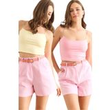 Olalook Kadın Pembe Sarı İp Askılı Crop 2 li Paket Bluz BLZ-19003022