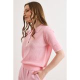 Olalook Kadın Pembe Şerit Detaylı Polo Yaka Ajurlu Triko Bluz BLZ-19003227