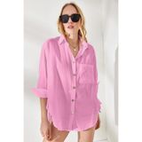 Olalook Kadın Pembe Yanları Düğme Detaylı Oversize Dokuma Gömlek GML-19001004