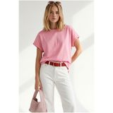 Olalook Kadın Pembe Yarasa Model Kol Katlamalı Loose Fit Pamuk Tişört TSH-19001003