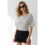 Olalook Kadın Puantiye Beyaz Drape Detaylı Degaje Yaka Puantiye Bluz BLZ-19003404