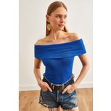 Olalook Kadın Saks Mavi Madonna Yaka Likralı Bluz BLZ-19002586