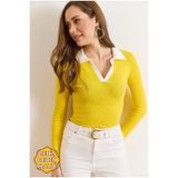 Olalook Kadın Sarı Beyaz Renk Bloklu Polo Yaka Pamuk Esnek Bluz BLZ-19003104