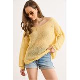 Olalook Kadın Sarı Geniş Yaka Ajurlu Loose Fit Triko Bluz BLZ-19003321