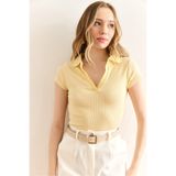 Olalook Kadın Sarı Polo Yaka Kısa Kol Likralı Pamuk Bluz BLZ-19002995