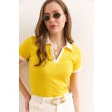 Olalook Kadın Sarı Polo Yaka Renk Detaylı Esnek Pamuk Bluz BLZ-19002920