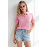 Olalook Kadın Şeker Pembe Polo Yaka Çiçek Desenli Ajurlu Triko Bluz BLZ-19003383