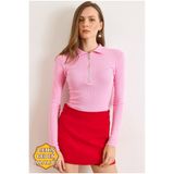 Olalook Kadın Şeker Pembe Polo Yaka Fermuarlı Uzun Kol Esnek Bluz BLZ-19003103