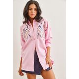 Olalook Kadın Şeker Pembe Pul Payetli Yün Efektli Oversize Kışlık Gömlek GML-19001157