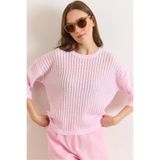 Olalook Kadın Şeker Pembe Saç Örgü Ajurlu Loose Fit Mevsimlik Triko Bluz BLZ-19003225