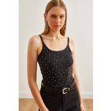 Olalook Kadın Siyah Askılı Taş Detaylı Esnek Crop Bluz BLZ-19002674
