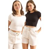 Olalook Kadın Siyah Beyaz 2 li Paket Crop Esnek Bluz BLZ-19003023