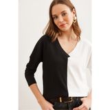 Olalook Kadın Siyah Beyaz Renk Bloklu Yumuşak Dokulu Bluz BLZ-19002780