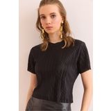 Olalook Kadın Siyah Bisiklet Yaka Pilise Crop Bluz BLZ-19002901
