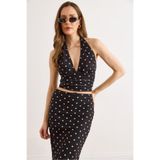 Olalook Kadın Siyah Boyundan Askılı Puantiyeli Crop Tül Bluz BLZ-19003335