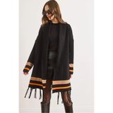 Olalook Kadın Siyah Camel Saçaklı Yırtmaçlı Şal Yaka Triko Hırka HRK-19000447
