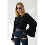 Olalook Kadın Siyah Drape Detaylı Geniş Kol Detaylı Bluz BLZ-19003292