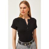 Olalook Kadın Siyah Düğmeli Reglan Kısa Kol Bluz BLZ-19002590