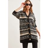 Olalook Kadın Siyah Etnik Desenli Oversize Triko Hırka HRK-19000300