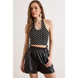 Olalook Kadın Siyah Halter Yaka Puantiye Crop Bluz BLZ-19003304