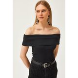 Olalook Kadın Siyah Madonna Yaka Likralı Bluz BLZ-19002586