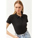 Olalook Kadın Siyah Polo Yaka Düğmeli Likralı Bluz BLZ-19002558