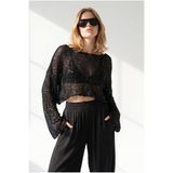 Olalook Kadın Siyah Pullu Ajurlu Crop Triko Bluz BLZ-19003423