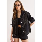 Olalook Kadın Siyah Serpme Taş Detaylı Cepli Pamuk Denim Ceket CKT-19000448