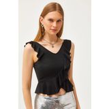 Olalook Kadın Siyah V Yaka Fırfırlı Örme Bluz BLZ-19002568