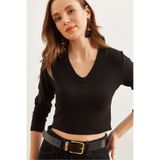 Olalook Kadın Siyah V Yaka Soft Touch Esnek Bluz BLZ-19002767