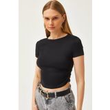 Olalook Kadın Siyah Yanı Büzgülü Yumuşak Tuşeli Crop Tişört TSH-19000801