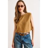 Olalook Kadın Taba Flam Keten Crop Bluz BLZ-19002925