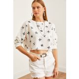 Olalook Kadın Varak Beyaz Baskılı Crop İnce Sweatshirt SWT-19000652