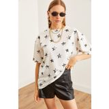Olalook Kadın Varak Beyaz Varak Baskılı Oversize Tişört TSH-19000827