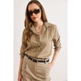Olalook Kadın Vizon Dokulu Kontrast Çizgili Regular Fit Gömlek GML-19001405