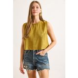Olalook Kadın Yağ Yeşili Flam Keten Crop Bluz BLZ-19002925