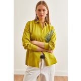 Olalook Kadın Yağ Yeşili Palmiye Pul Detaylı Oversize Dokuma Poplin Gömlek GML-19001016