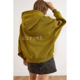 Olalook Kadın Yağ Yeşili Sırt Culture Nakışlı Şardonlu Oversize Sweatshirt SWT-19000755