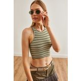 Olalook Kadın Yeşil Çizgili Esnek Crop Bluz BLZ-19002693