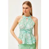 Olalook Kadın Yeşil Çizgili Halter Yaka Bel Detaylı Krep Bluz BLZ-19001505
