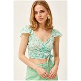 Olalook Kadın Yeşil Çizgili Yandan Fermuarlı Crop Krep Bluz BLZ-19003350
