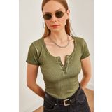 Olalook Kadın Yıkamalı Haki Çıtçıtlı Kaşkorse Bluz BLZ-19000171