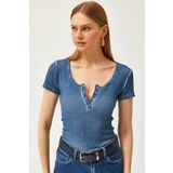Olalook Kadın Yıkamalı İndigo Çıtçıtlı Kaşkorse Bluz BLZ-19000171