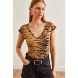 Olalook Kadın Zebra Camel V Yaka Yumuşak Dokulu Esnek Viskon Crop Bluz BLZ-19002680