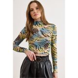 Olalook Kadın Zebra Yeşil Desenli Crop Esnek Tül Bluz BLZ-19003264