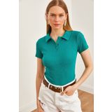 Olalook Kadın Zümrüt Yeşili Polo Yaka Düğmeli Likralı Bluz BLZ-19002558